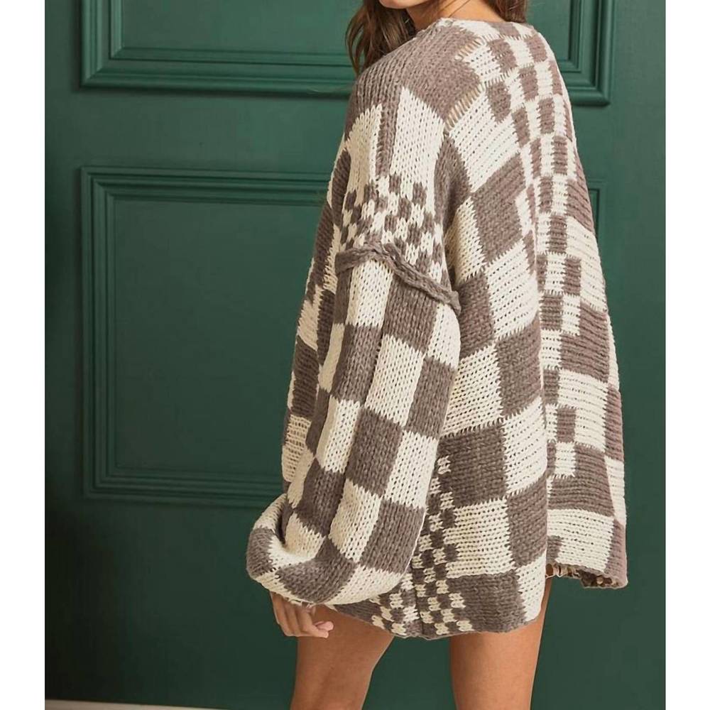 NEW BIBI chunky checkered cardigan in mocha - Picture 3 of 4